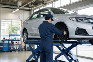 整備工場で車検点検を行う整備士